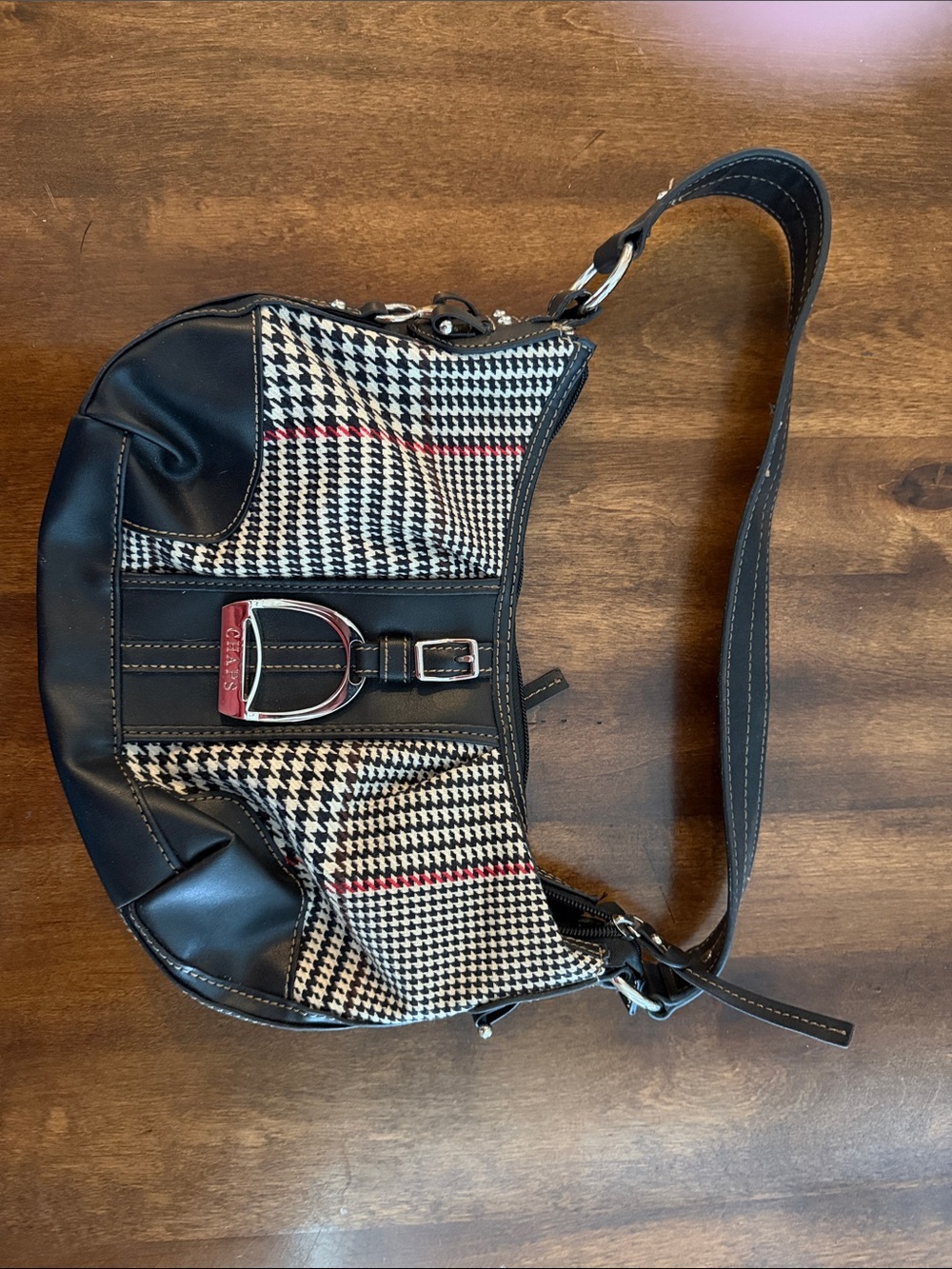 Chaps Black Houndstooth Shoulder Bag with Red Stripe